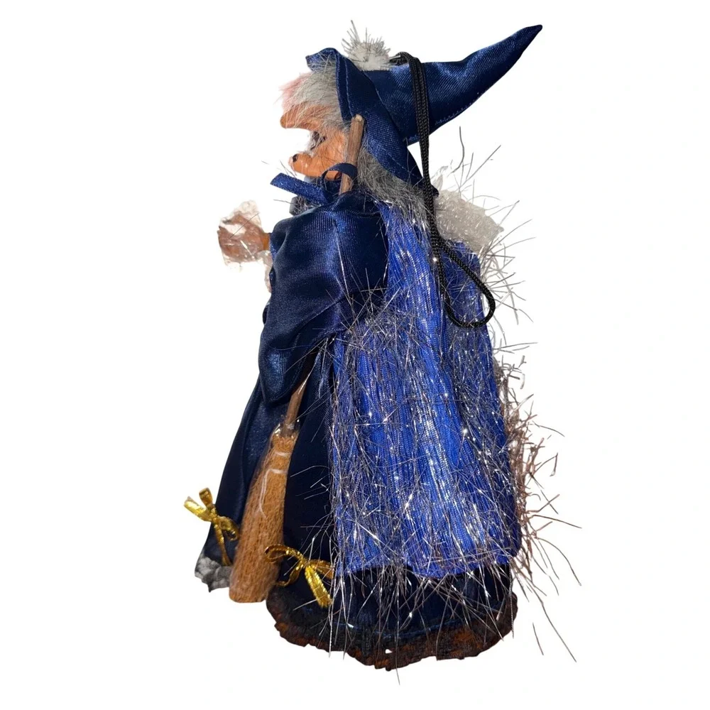 Gothic Halloween Decor Hanging Witch Blue Satin Dress Broom 12.5
